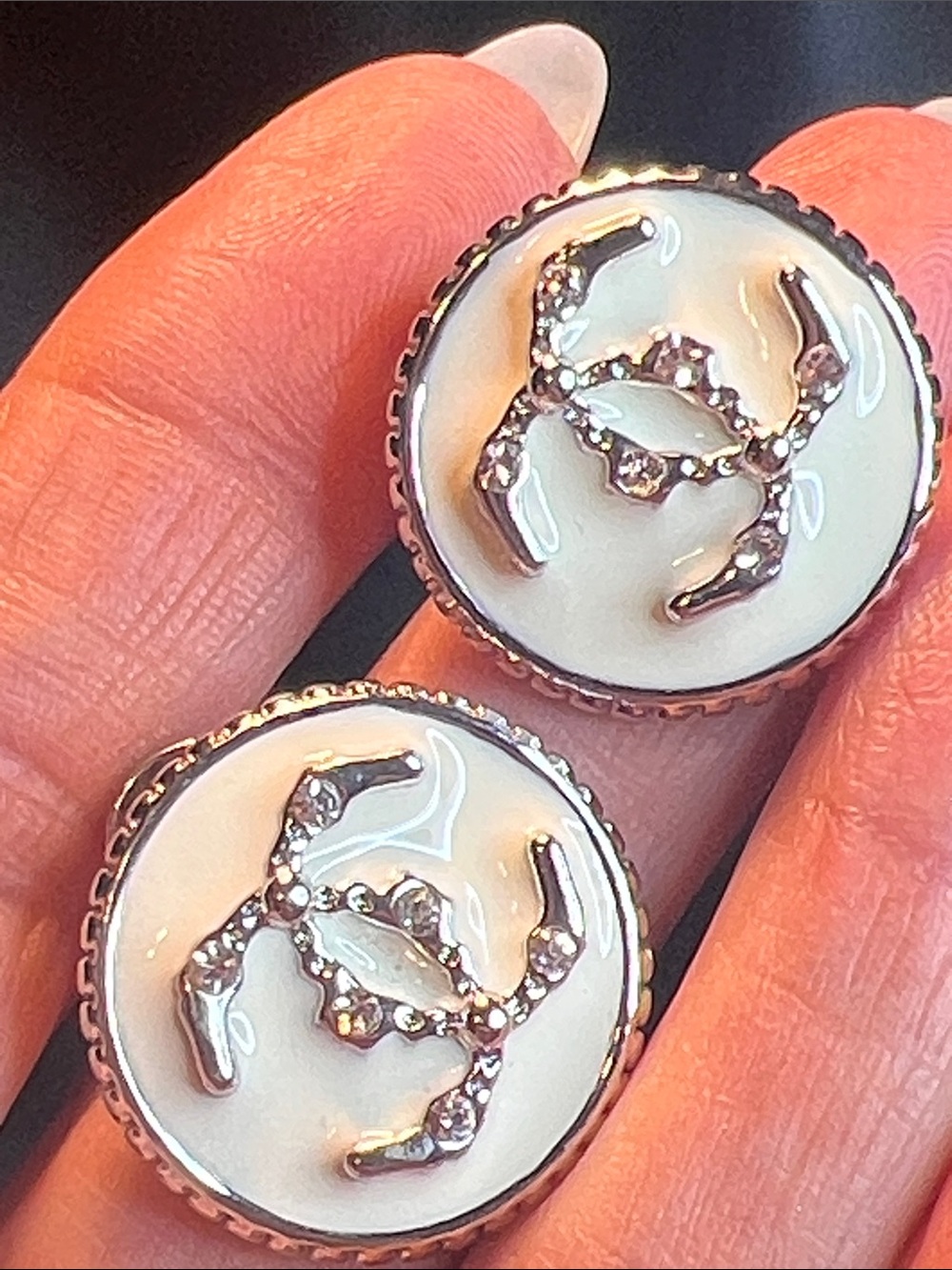 Cream and Gold Logo Button Stud Earrings - Designer Style